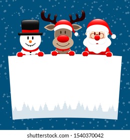 Snowman Reindeer And Santa Holding Wish List Snow Dark Blue