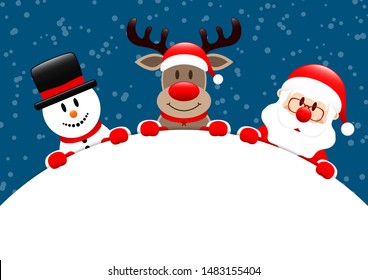 Snowman Reindeer And Santa Round Banner Snow Dark Blue