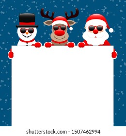 Snowman Reindeer And Santa Sunglasses Holding Label Snow Dark Blue