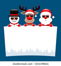Snowman Reindeer And Santa Sunglasses Holding Wish List Dots Dark Blue