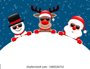 Snowman Reindeer And Santa Sunglasses Round Banner Snow Dark Blue