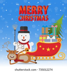 snowman and reindeer with sleigh with Christmas gifts vector illustration flat
