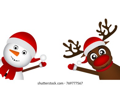 Snowman with reindeer standing on a white background