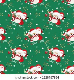 Snowman with reindeer wear Santa hat and red scarf holding gift box with Santa Claus, holly berries, snowflakes and Merry X'mas text seamless pattern on green background. Christmas holidays season.