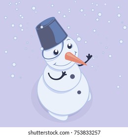 The snowman rejoices and is surprised by the snow. Snowflakes are falling on the snowman. Vector fairy-tale character. Kind snowman. Hello winter.