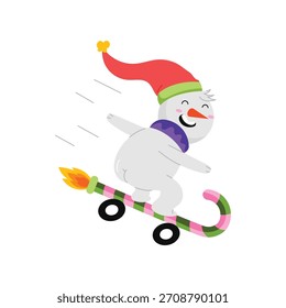Schneemann Reiten Süßigkeiten Rohr Vektor Aufkleber Illustration.