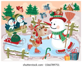 a snowman riding a skating rink with a deer, penguins sit on a bench and look at them, behind a house and Christmas trees in the background, sweats fly around and everyone is happy about the winter