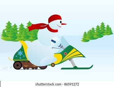 Snowman riding a snowmobile on a snow-covered field