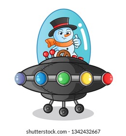 snowman riding ufo mascot vector cartoon illustration