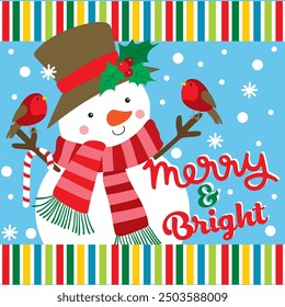 Snowman and Robin Bird For Christmas Card or Bag design