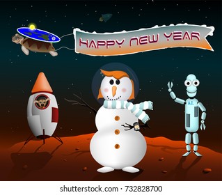 A snowman, a robot and a dog in a rocket congratulate you on a new year. In space, a tortoise flies. Vector illustration.