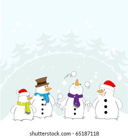 Snowman in the role of a juggler with the audience. Vector.