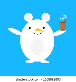 snowman with round ears like a polar bear holds in his hand a glass of hot mulled wine object on a blue background concept of winter and warming drinks.