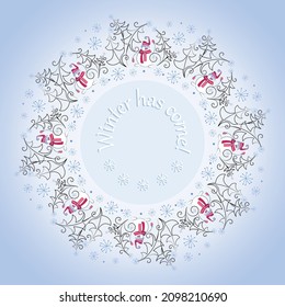 Hombre de nieve, marco redondo. Tarjeta de invierno con carácter gracioso y abetos decorativos. Estilo lineal. 