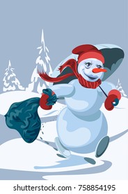 snowman runs through the forest in one hand an umbrella, in the other - gifts