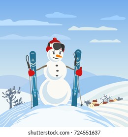 Snowman rural skier in mountain valley. Man from snow balls with mountain ski sport equipment. Playful colorful cartoon. Winter scenic outdoors background. Frozen nature season vector illustration