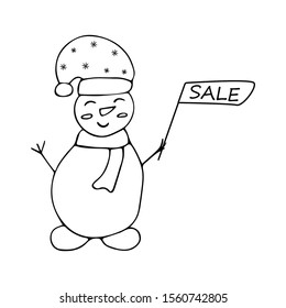 Snowman with a sale flyers on a white background in the style of a doodle. Sell-out concept illustration