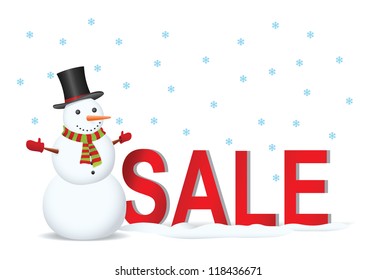 Snowman with sale label. Vector illustration