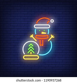 Snowman in Santa cap neon icon. Red scarf, fir tree, snow globe. Christmas concept. Vector illustration can be used for street wall signs, billboards, banners