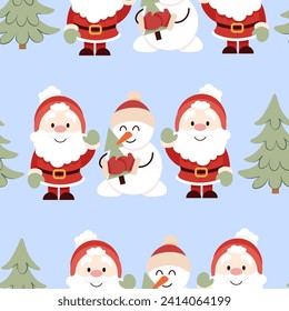 Snowman and Santa Claus in Christmas seamless pattern