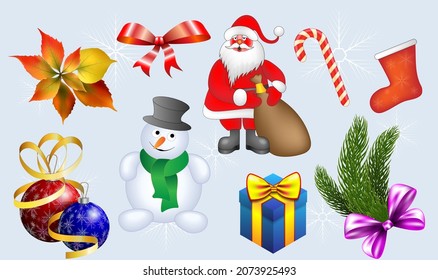 Snowman, Santa Claus, Christmas tree balls, leaves. Vector illustration of a set of Christmas symbols in the form of a snowman, Santa Claus, tree branches and balloons on a light background.