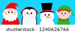 Snowman Santa Claus Elf Penguin bird round head face icon set. New Year. Merry Christmas. Cute cartoon funny kawaii baby character. Greeting card. Flat design Blue background. Vector illustration