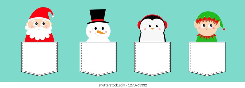 Snowman Santa Claus Elf Penguin bird round head face icon set. T-shirt pocket. New Year. Merry Christmas. Cute cartoon funny kawaii baby character. Flat design. Blue background. Vector illustration