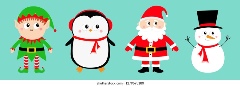 Snowman Santa Claus Elf Penguin set. Happy New Year. Merry Christmas. Red green black hat. Cute cartoon funny kawaii baby character. Greeting card. Flat design. Blue background. Vector illustration