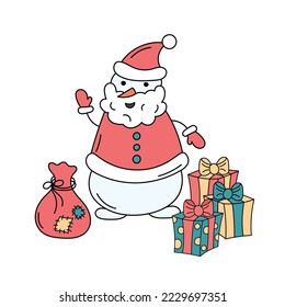 Snowman Santa Claus. Funny character with sack and gifts. Vector doodle colorful illustration of isolated cute Christmas snowman. 