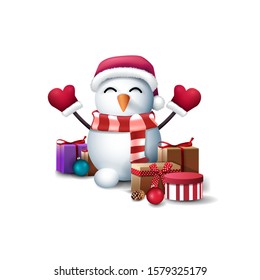 Snowman in Santa Claus hat, mittens and striped scarf with gifts isolated on white background