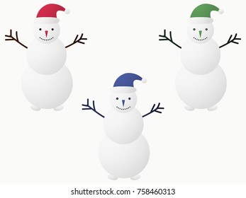 Snowman in Santa Claus hat set. Buttons instead of eyes, branches instead of hands. Vector Illustration