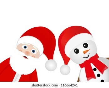 Snowman and Santa Claus look out on a white background