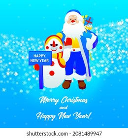 Snowman Santa Claus New Year. Vector Illustration of Merry Christmas Greetings.