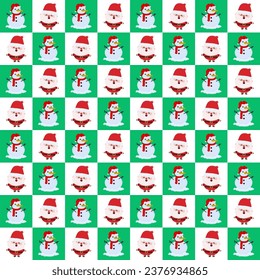 snowman and santa claus on green white christmas pattern background