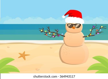 Snowman Santa Claus on a sandy tropical beach, vector flat illustration