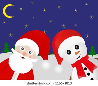 Snowman and Santa Claus peeking out of the woods at night
