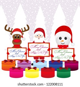 Snowman, Santa Claus, reindeer with banners and presentations