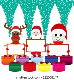 Snowman, Santa Claus, reindeer with banners and Christmas gift