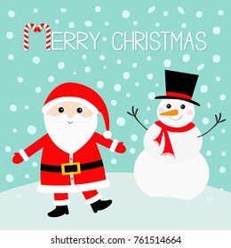 Snowman Santa Claus wearing red hat, costume, big beard, belt buckle. Merry Christmas. Cute cartoon kawaii funny character with open hand. Candy cane. Blue snow background. Greeting card. Vector