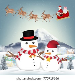 snowman and santa claus in winter village