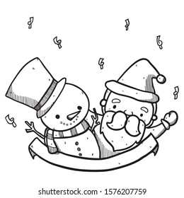 Snowman and Santa Clause Christmas doodle hand drawing vector