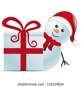 snowman with santa hat behind gift box