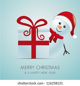 snowman with santa hat behind gift box