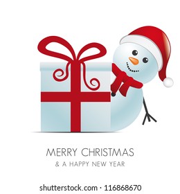 snowman with santa hat behind gift box