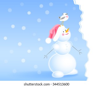 Snowman in santa hat and a bird on his head looking up. Snowflakes and shaped edge of the frame on the background