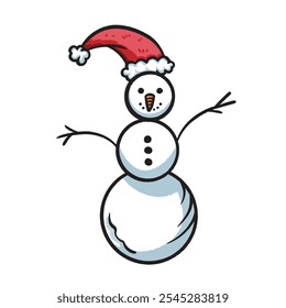 Snowman with santa hat colorful illustration drawing isolated on square white background. Simple flat outlined cartoon art styled drawing.