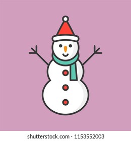 snowman with Santa hat, filled outline icon for Christmas theme