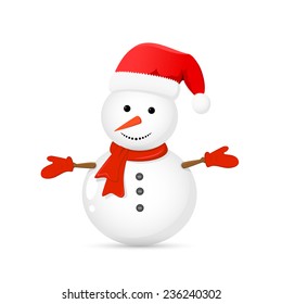 Snowman with Santa hat isolated on white background, illustration.