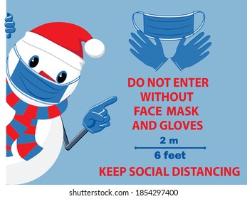 Snowman in Santa hat, mouth mask and gloves. Christmas COVID-19 and social distancing infographic. Vector illustration.