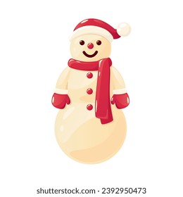 Snowman in Santa hat with red scarf and mittens vector illustration isolated on white background. Bright cartoon detailed winter element for holiday patterns, greeting cards,  packaging, design